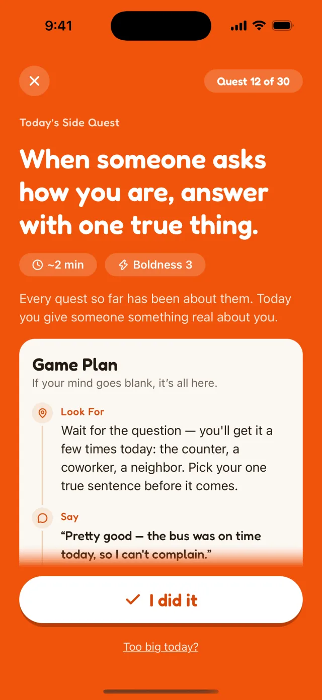 Challenge screen showing Quest 12 of 30 and the Game Plan: Look For, Say
