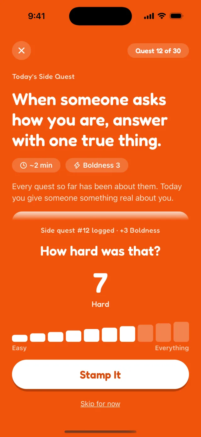 The check-in after a quest: “How hard was that?” with 7, Hard, selected on a ten-step meter and a Stamp It button