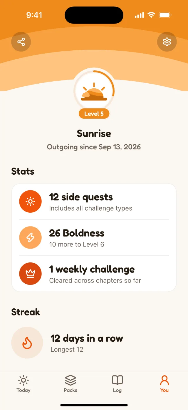 The You tab: Level 5, Sunrise, 26 Boldness, 12 side quests completed, a 12-day streak