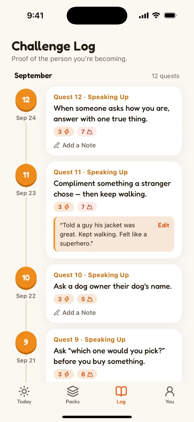 The Challenge Log: quests 9 to 12 with courage stamps out of ten and a note that reads “Told a guy his jacket was great. Kept walking. Felt like a superhero.”